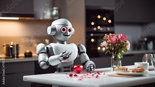 Robot in the kitchen. The concept of Valentine's Day. generativa IA