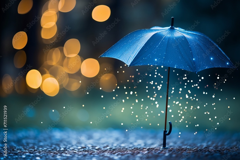 Blue umbrella under heavy rain, nature background. Rainy weather concept for stock photo