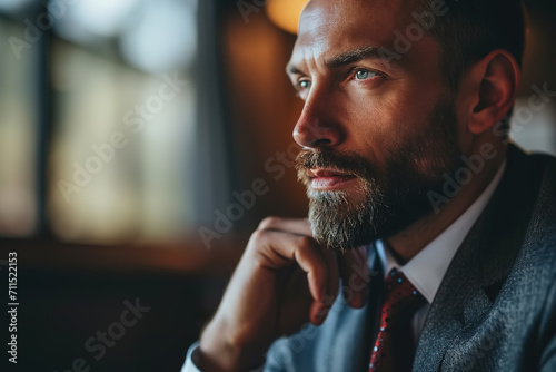 Aspirations, business motivation emotions. Headshot of a brooding handsome middle-aged business man holding hand to chin wearing a suit and looking away, indoors