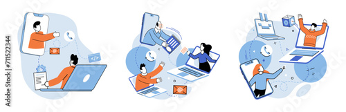 Online team vector illustration. The online team harnessed digital technology to enhance their collaboration The cooperation among team members in remote setting led to success The digital platforms
