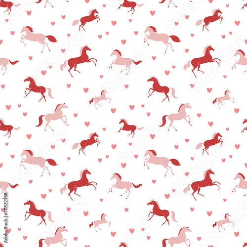 Pink ponies and hearts on a white background, seamless vector pattern photo