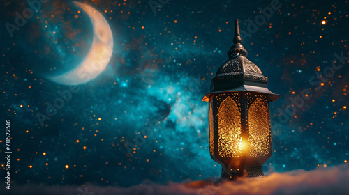 A top view of a Ramadan night scene with a lantern, starry sky backdrop, and a crescent moon, Ramadan, Flat lay, top view, with copy space