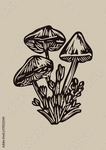 Handmade linocut mushroom motif clipart in folkart scandi style. Simple monochrome block print fungi shapes with woodcut paper texture effect. 