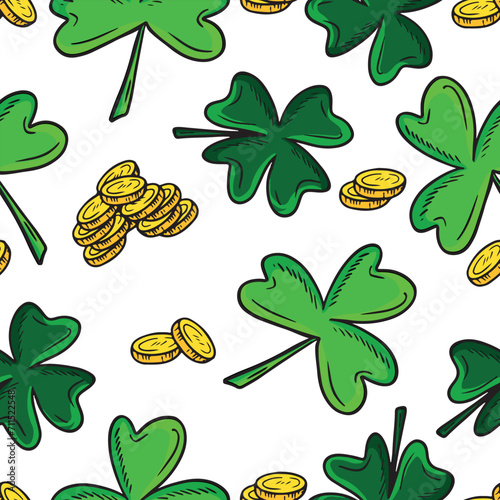 Seamless pattern with green shamrock clover leaves and golden coins money as a symbol of luck and wealth. Vector sketch illustration. Happy Saint Patrick's day. Wrapping paper design, print.