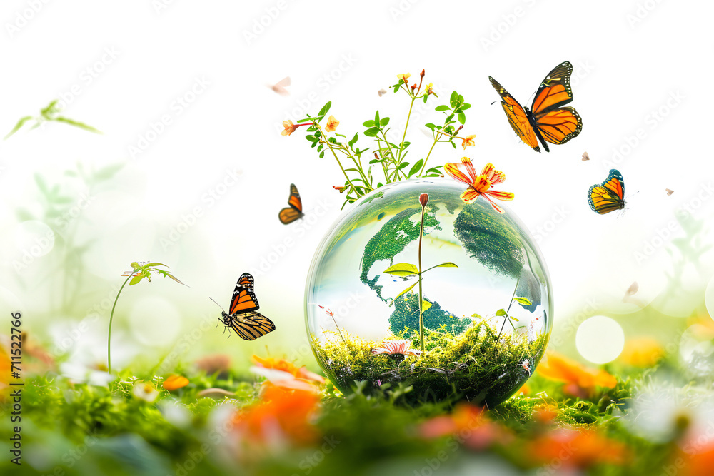 A glass globe with ground, water, green grass and flowers growing from inside, surrounded by butterflies