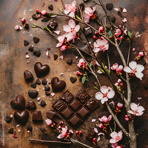 chocolate with nuts on the table flat lay