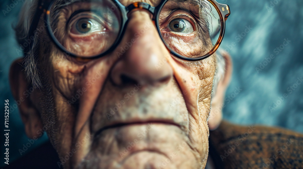 An extreme close up of an elderly man wearing glasses