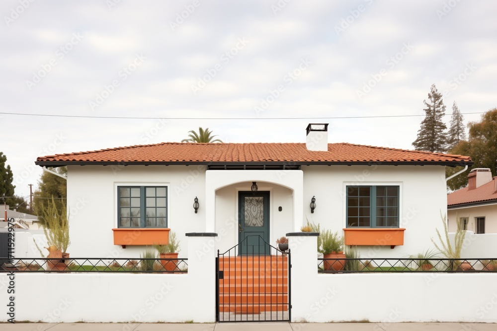 white stucco wall with black wrought iron railing and terracotta tile roof