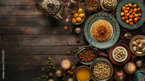 A top view of a Ramadan Iftar table setup with traditional lanterns and tableware, Ramadan, Flat lay, top view, with copy space