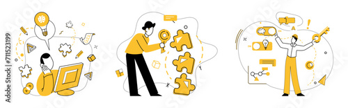 Conceptual innovation vector illustration. Brainstorming and knowledge are dynamic winds steering ship innovative ideas The tapestry achievement is woven from threads conceptual innovation
