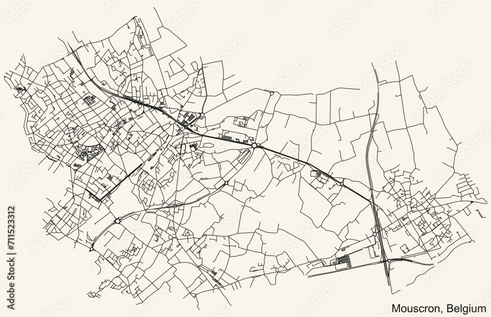 Detailed hand-drawn navigational urban street roads map of the Belgian city of MOUSCRON, BELGIUM with solid road lines and name tag on vintage background Detailed hand-drawn navigational urban street roads map of the Belgian city of MOUSCRON, BELGIUM with solid road lines and name tag on vintage background