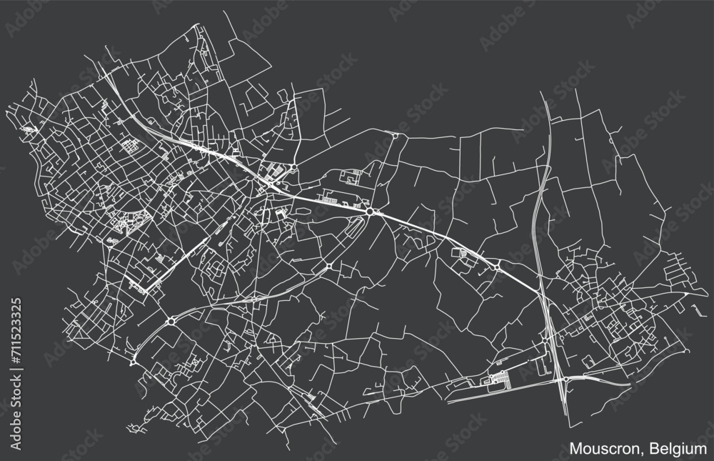 Detailed hand-drawn navigational urban street roads map of the Belgian city of MOUSCRON, BELGIUM with solid road lines and name tag on vintage background
