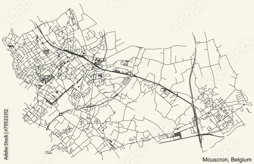 Detailed hand-drawn navigational urban street roads map of the Belgian city of MOUSCRON, BELGIUM with solid road lines and name tag on vintage background