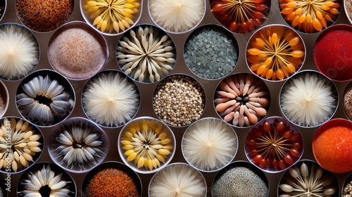 a macro photograph of individual seeds, each displaying its unique color and shape, magnified to 