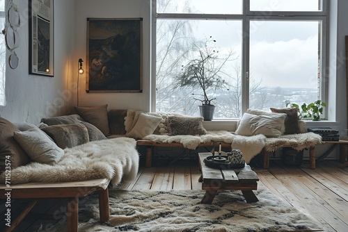 The Nordic living room features rustic elements such as a sheepskin rug placed on a bench next to the sofa, accompanied by fur cushions. The overall setup creates a warm and inviting atmosphere photo
