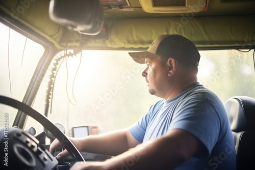 farmer in the cabin of a tractor monitoring field spraying