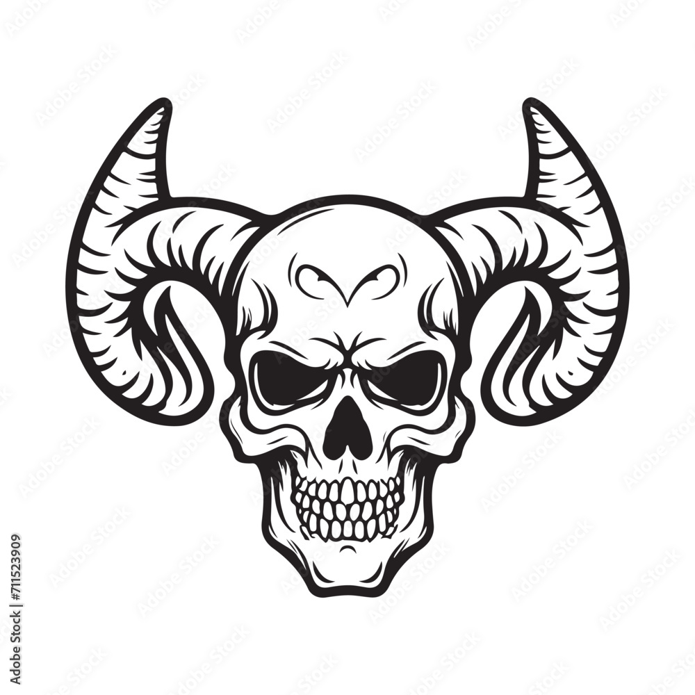 Obraz premium Scary Skull With Horn Black Outline Vector isolated on white background