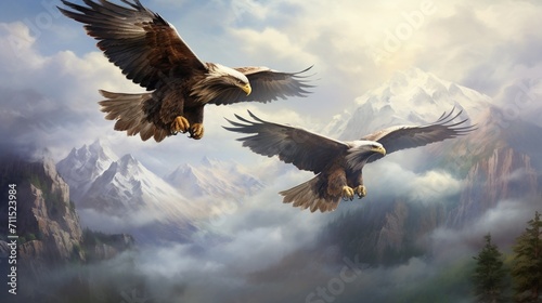A pair of majestic eagles soaring high above, their wings outstretched as they navigate the vast open sky with effortless grace.