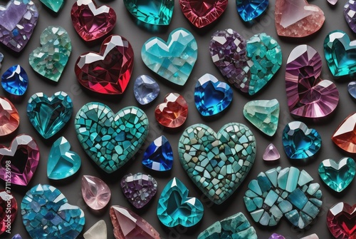 Broken gemstone heart fragments are artfully arranged in a way that suggests a gradual reconstruction 