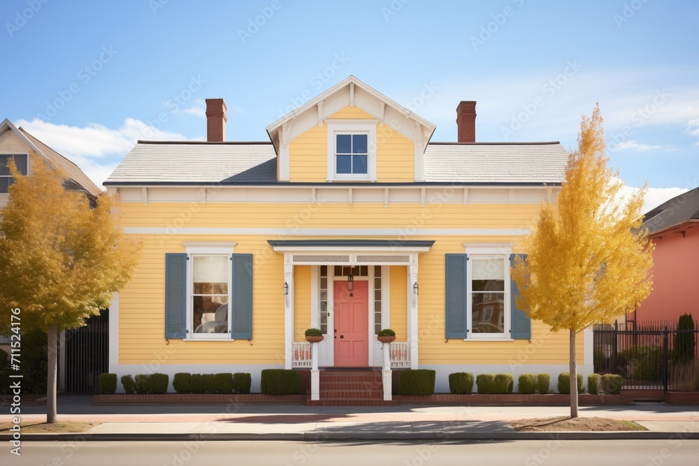 sunlit facade of a colonial revival with shutters