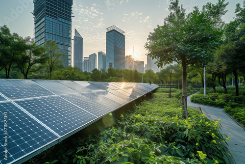 Solar panels in the city. Solar cell, ecology and eco green energy for sustainable lifestyle concept photo