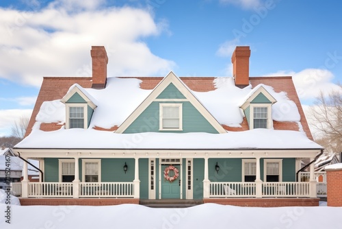 fresh snow on the roof of a colonial revival house with dormers photo