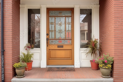 wooden front door with transom on a colonial revival property photo