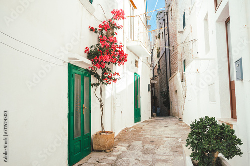 White houses with green doors and pink bougainvillea in the white village of Ostuni in Italy