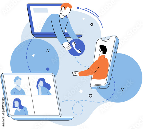 Online team vector illustration. The online community thrived through active participation and engagement The remote meeting fostered sense connection and camaraderie The online team utilized digital