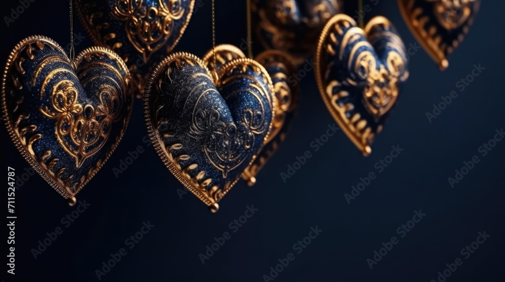 Blue Valentines with golden pattern. Beautiful decorative hearts on dark blue background. Valentine's day, Christmas and New Year background with heart-shaped pendants. Love, Wedding, Romantic banner