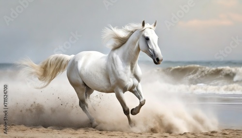 Majestic White Horse Galloping Along a Sandy Beach. With its mane flowing in the wind, the mare exhibits freedom and power, stirring up a cloud of sand with its strong hooves.