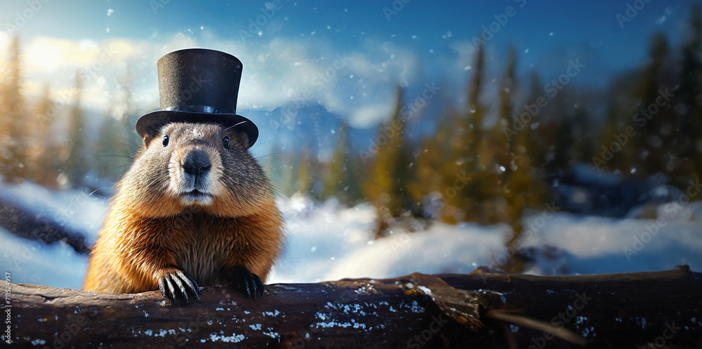 a ground hog wearing a top hat in the winter sun - obrazy, fototapety, plakaty 