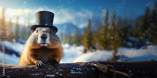 a ground hog wearing a top hat in the winter sun photo