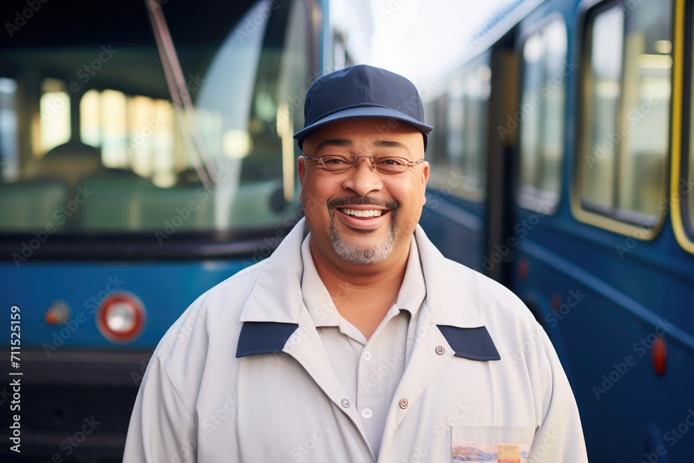 smiling bus driver posing in front of the bus smiling bus driver posing in front of the bus