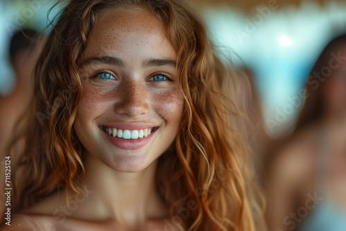 Portrait of beautiful young woman with freckles on her face