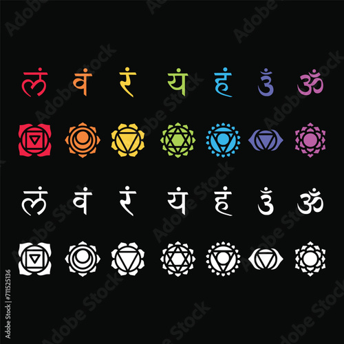 Chakra symbols set on dark background. Different styles, modern simple geometric icons and traditional sanskrit signs. Vector illustration.