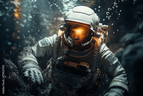 An astronaut underwater. Sci-fi astronaut concept. Generated AI