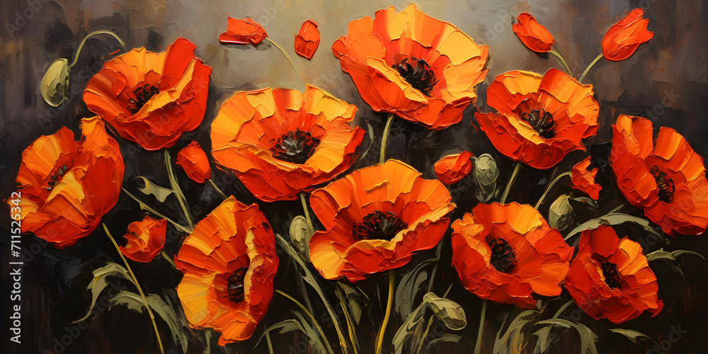 Palette Knife Impressionism with Ten Poppies Captivating Brushstroke Art in Vibrant Colors
