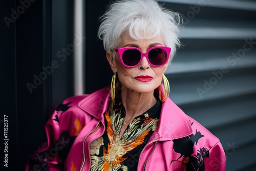 stylish senior woman in sunglasses and pink jacket looking at camera outdoors © Loli