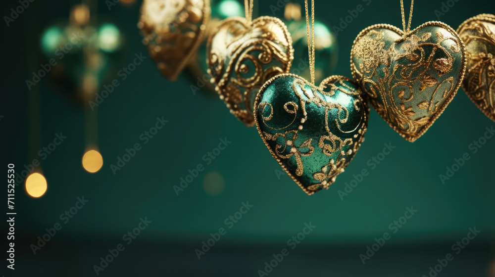 Naklejka premium Valentine's day background with Gold and Green Valentines. Golden and Green hearts hanging on a green background. Love, Wedding, Romantic concept