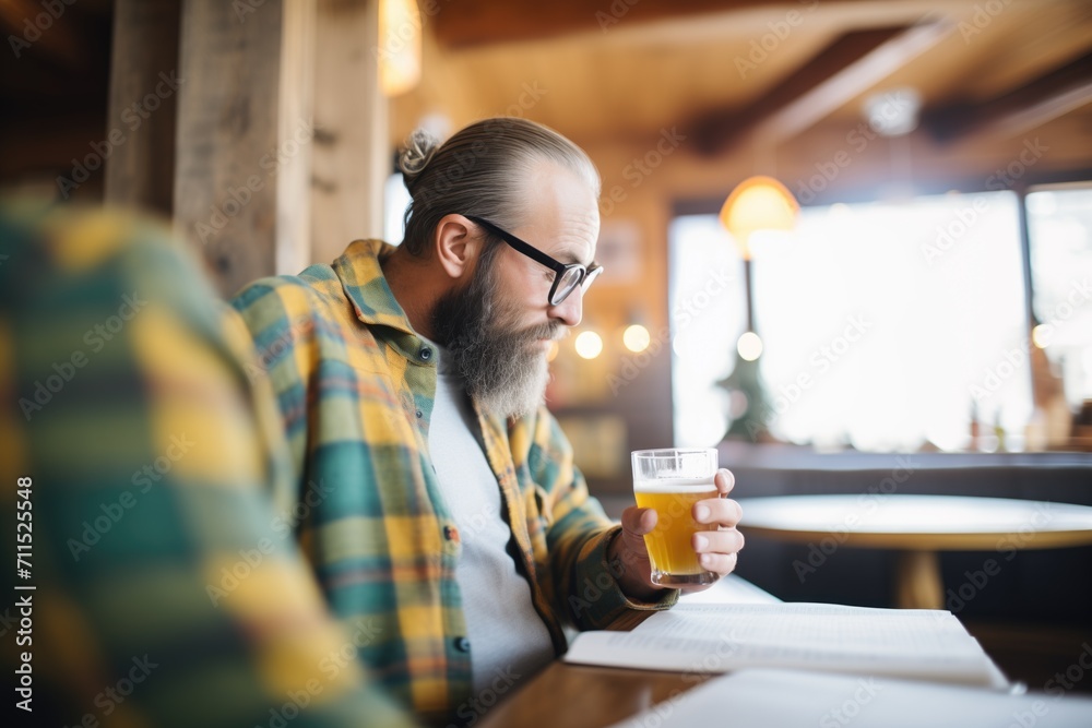 individual enjoying a craft beer while reading at a pub