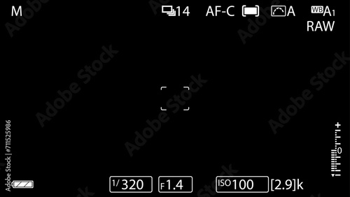 EVF Display Mockup Vector Illustration. Mirrorless camera viewfinder overlay. 16:9 full HD format template. Camera frame vector template. Black lines and text with indicators photo