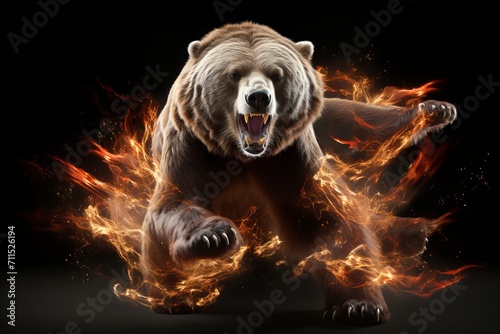 Intense Ferocious bear, amidst a fiery background illuminated by flames