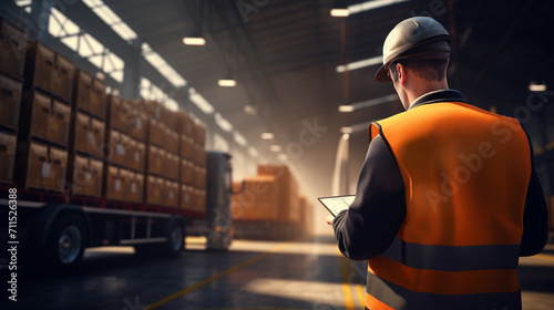Professional worker wearing safety vest and hard hat looking information the tablet. In the background big warehouse with shelves full of delivery goods.