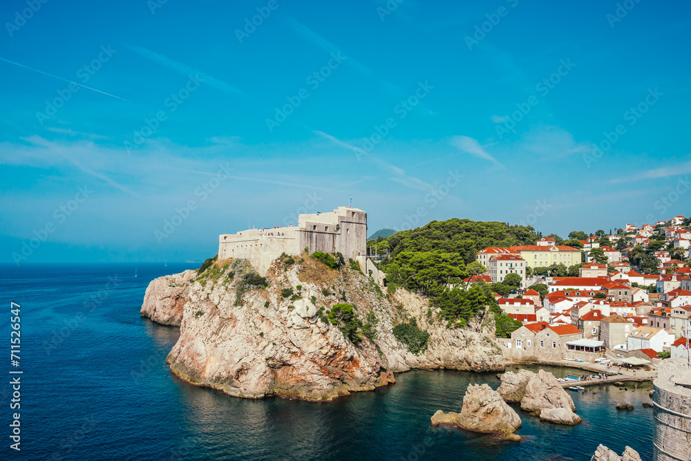 Panoramic view across the bay to the beautiful walled city of Dubrovnik