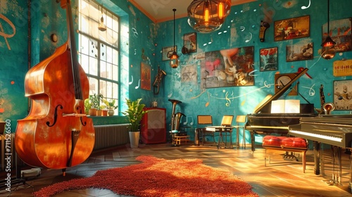 school's music room into a jazz-infused paradise, with musical notes dancing across the walls, vibrant instruments, and a lively atmosphere. 