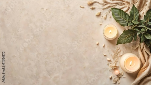 Candles, dried flowers, plante and fabric on a beige textured background. Beige background for product presentation or text.