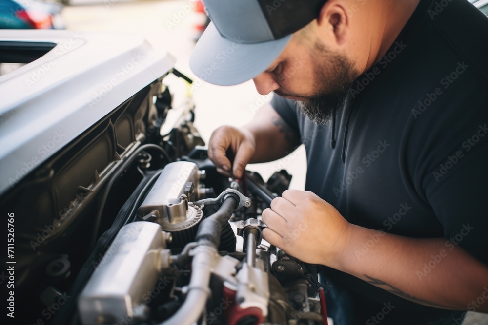 Obraz premium mechanic fitting a new timing belt on engine