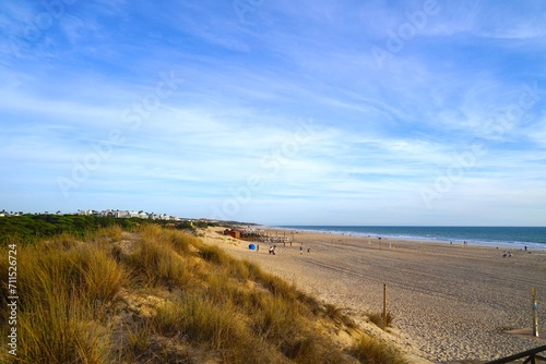 Playa de la Barrosa beach and dunes at the Atlantic Ocean near Novo Sancti Petri, Costa de la Luz, Andalusia, Spain