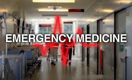 Emergency medicine lettering, in the background the heart rate and gait in the hospital with beds, lights and a team of emergency paramedics and an emergency doctor as well as a patient bed, emergency
